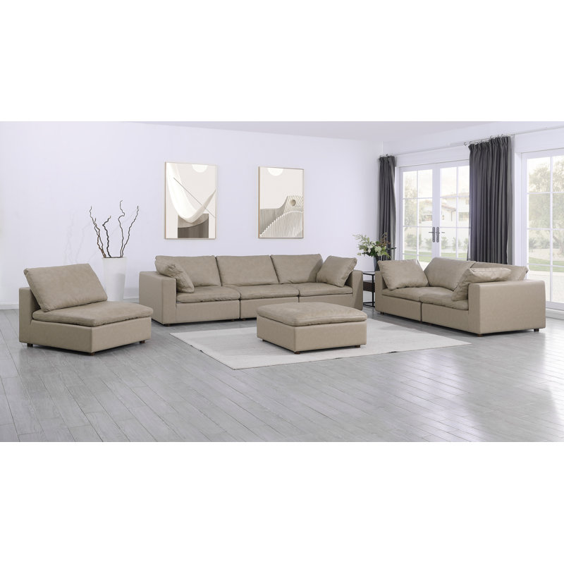 Ensemble de canapé avec repose-pieds 3 pièces Bendigo - Revêtement en cuir italien fleur, Beige