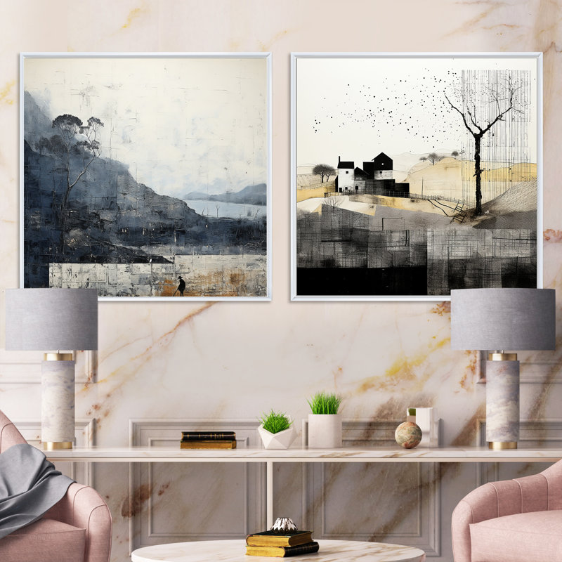 Minimalisme noir et blanc campagne - ensemble de 2 carrés de campagne, Cadre flottant blanc, H 16 po x l 33 po