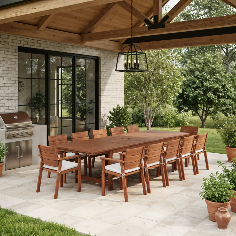 Ensemble de table de salle à manger extensible et chaises d'extérieur 13 pièces Wayland | Bois d'eucalyptus | Idéal pour le patio, table brune