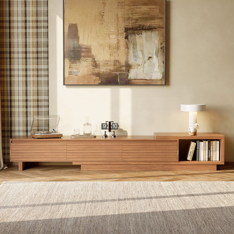 Meuble télé extensible 78,74 po à 102,3 po avec 3 tiroirs et façade texturée, Brun