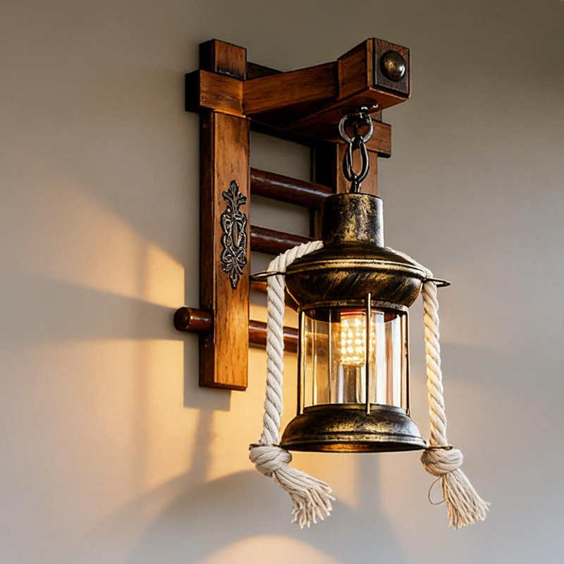 Antique Farmhouse Wall Lamp With Retro Rustic Wooden Plate