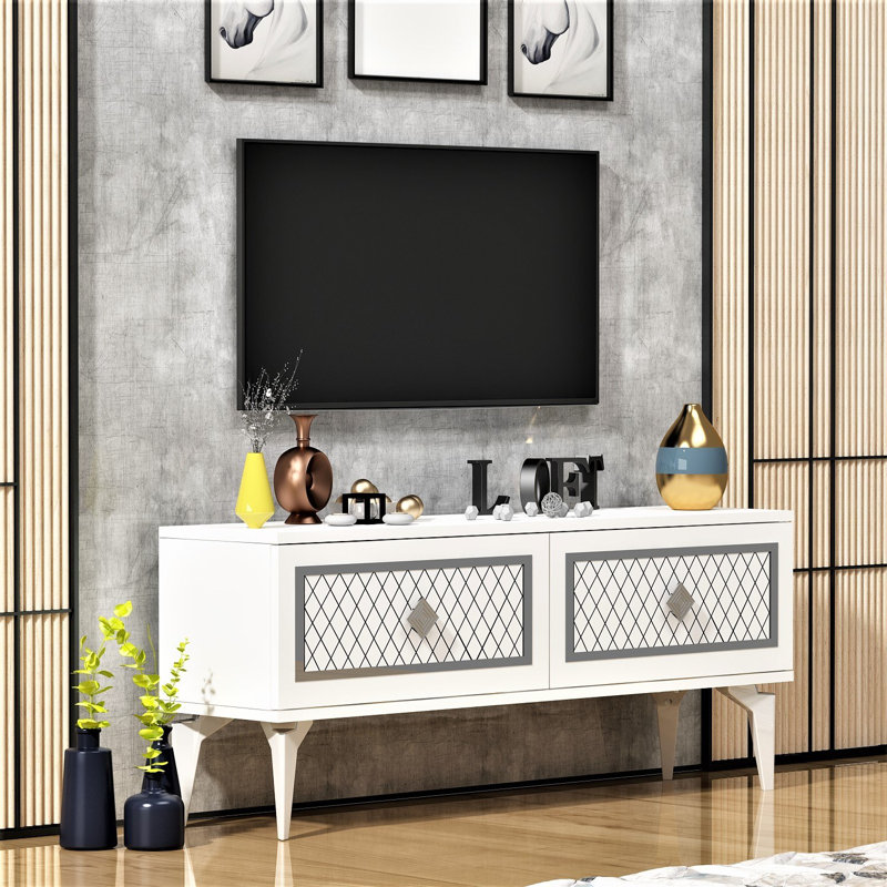 Catena Modern TV Stand, White & Silver, 47.2 x 19.3 x 11.6 Inches | 100% Melamine Coated Particle Board, Thickness: 0.7 Inches | Sturdy Design, 19 Inches Leg Height, Ideal for Living Room & Entertainment Spaces