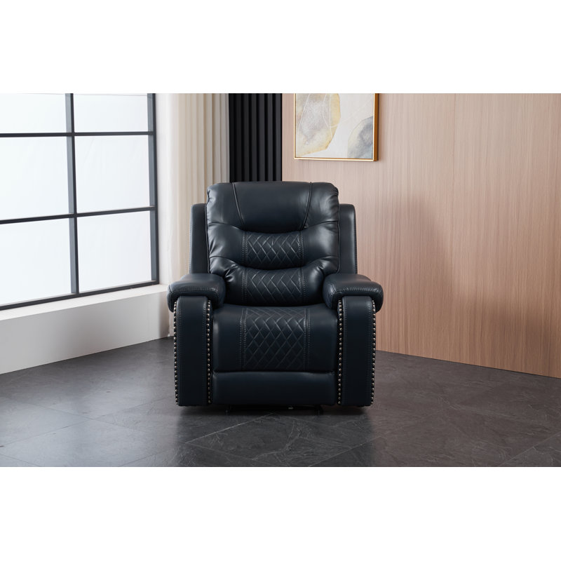 Power Leather Motion Recliner Chair Set – Navyblue Leather Reclining Living Room Furniture, Modern Power Recliner Sets For Living Room/RV/Apartment