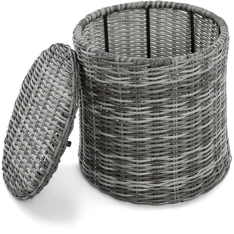 Gray Round Wicker Outdoor Side Table with Storage