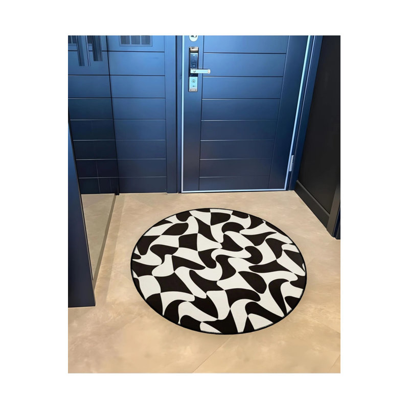Black And White Shapes Patterned Woven Base Decorative Carpet, Round 2'8"