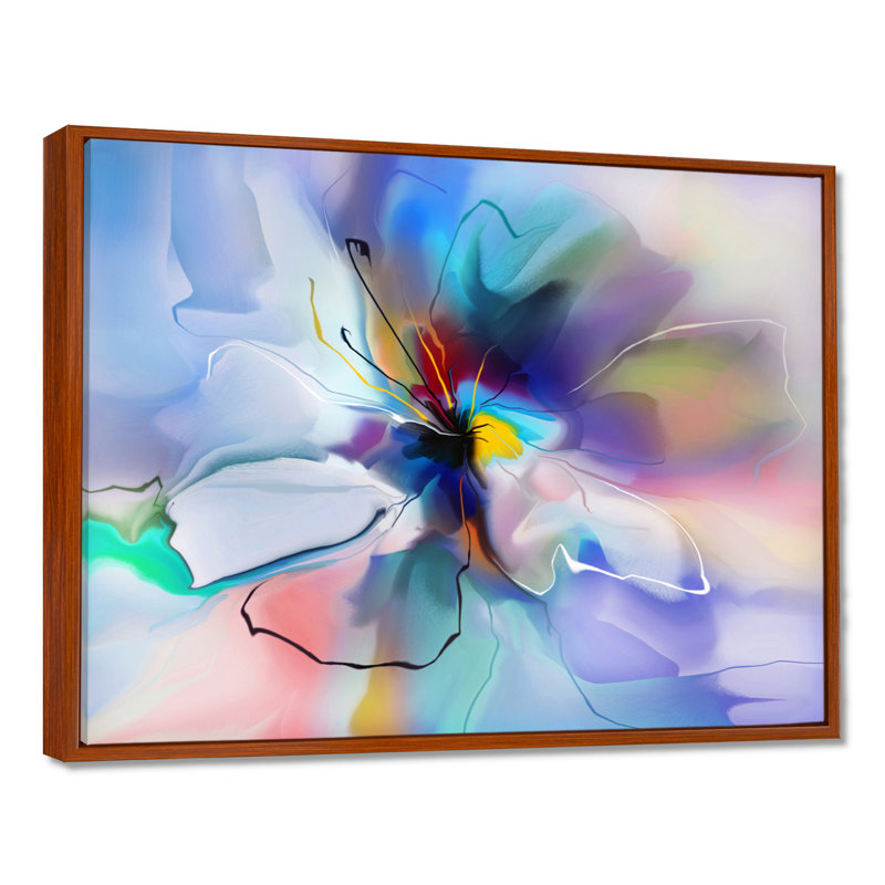 Fleur abstraite, création et impression bleue, H 34 po x l 44 po, Cadre flottant brun