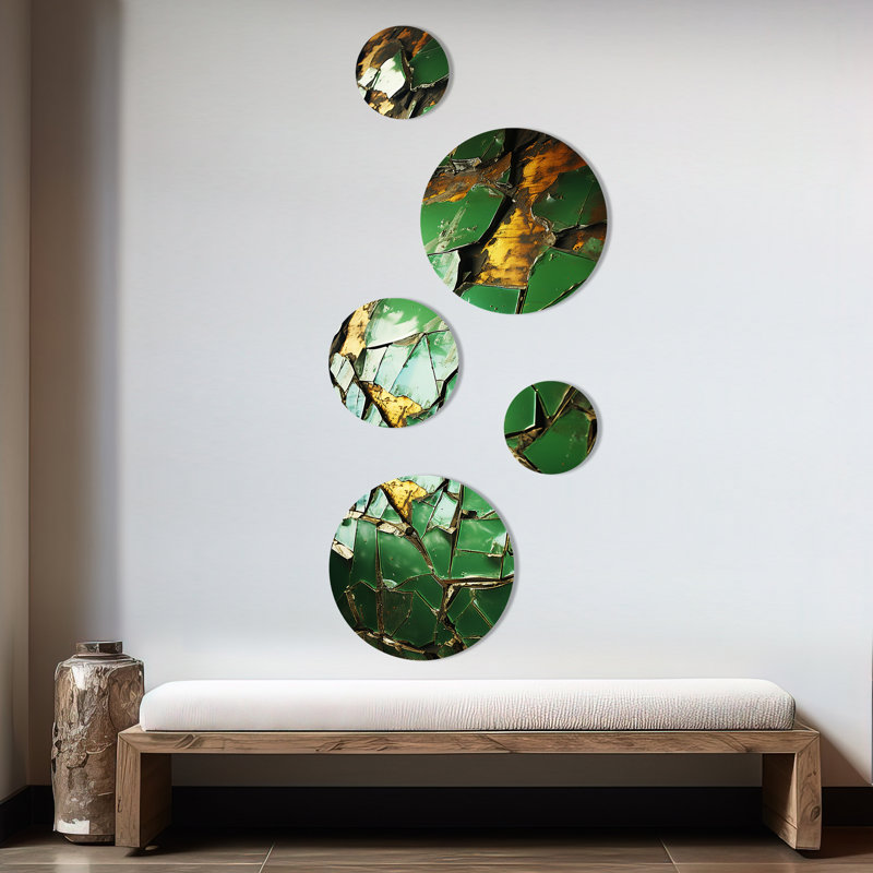 Carreaux de mosaïque en marbre vert et or I - tuile abstraite, ensemble d'art mural rond de 5