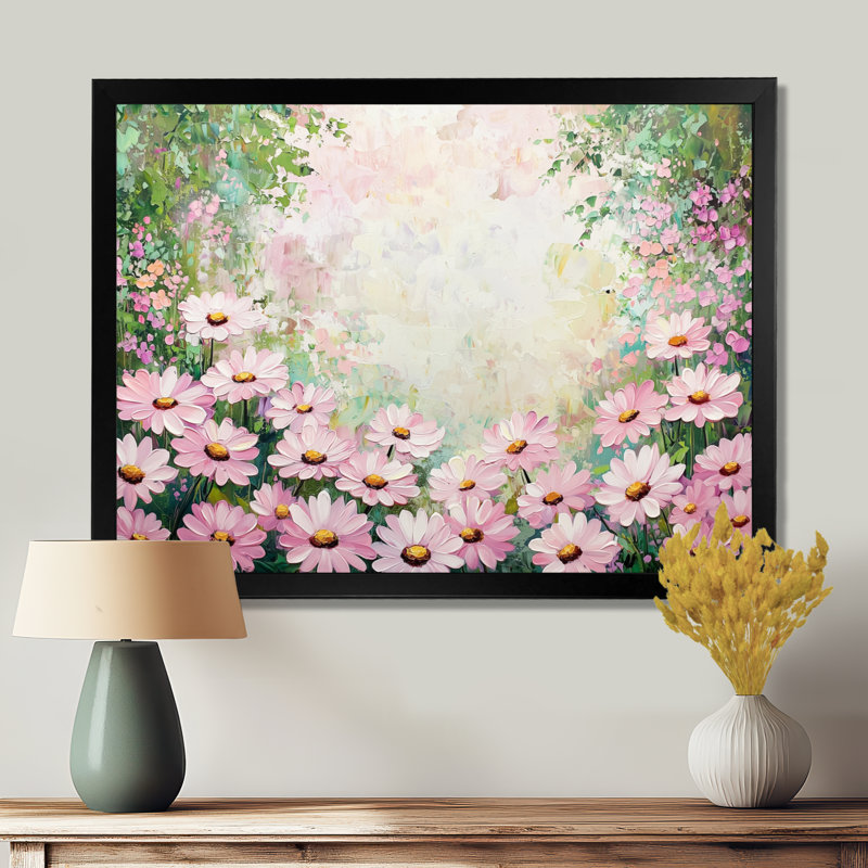 Spring Pink Daisy Symphony I - Daisies Wall Décor, Single Picture Framed Print without Mat, Black, 16" H x 32" W