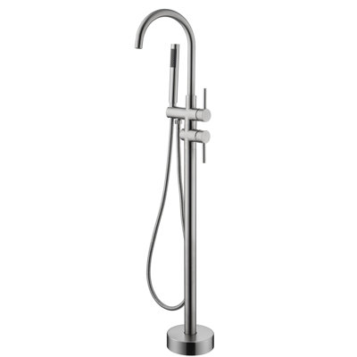 Stainless Steel Tub Filler With Handheld Shower, Brushed Nickel, 360 Degree Swivel Spout, Floor Mounted Stylish Faucet Nickel Standing Swiveling Mounted, And Attractive