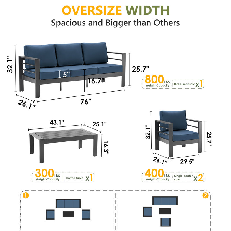 Ensemble de conversation d'extérieur pour 5 personnes avec coussins, Bleu/gris