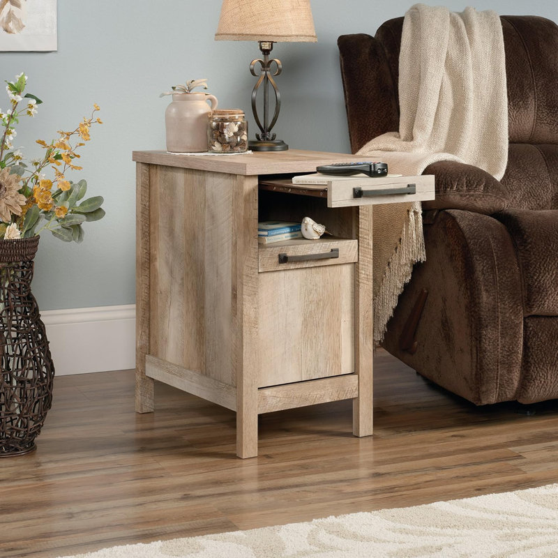 Modern Side Table With Pull-Out Shelf And Drawer, Durable Metal Runners, Safety Stops, And Versatile Storage Design
