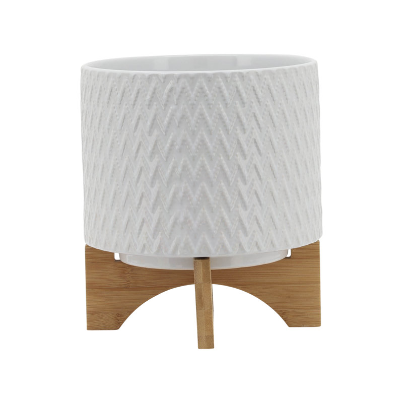 Geometric Round Ceramic Outdoor Planter on Stand for Living Room or Patio Decor - Modern Indoor Flower Pot Display for Home Decor Styling - White