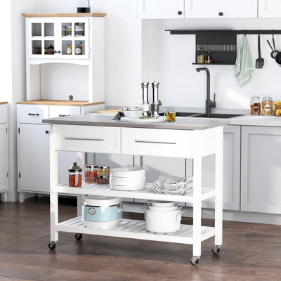 Kitchen Island On , Stainless Steel Worksurface And Rustic Decor, Gray, With Storage Drawers Shelves Rolling Storage, Top White Pine 2 Spacious Shelving For Use
