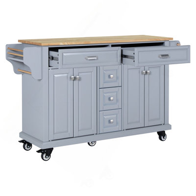 Îlot de cuisine avec comptoir en bois d'hévéa, chariot de cuisine sur 5 roulettes avec armoire de rangement et 5 tiroirs pour la salle à manger