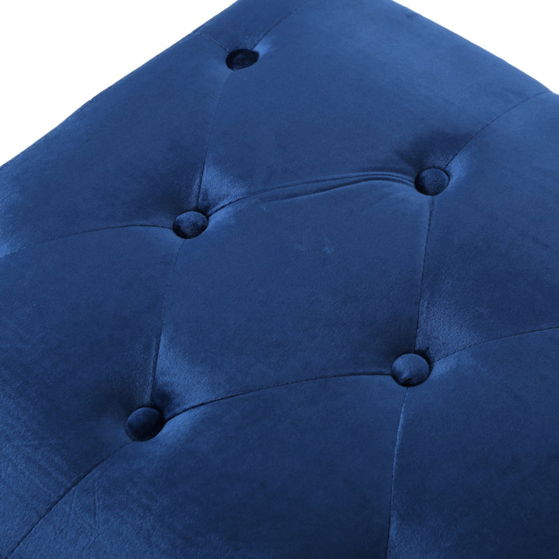 Style Mid-Century bleu marine, velours avec élément capitonné, pieds en bois, capitonnage bleu marine, structure en bouleau
