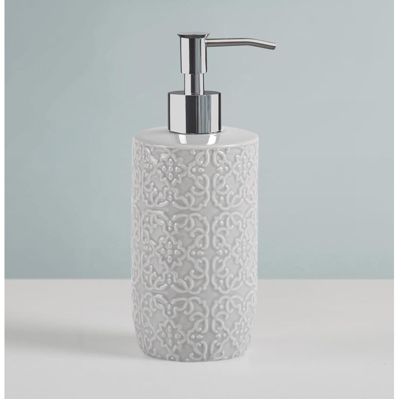 Ceramic Bathroom Set (Embossed Damask Medallion): Dispenser, Toothbrush Holder, Tumbler, Trinket Dish, Grey