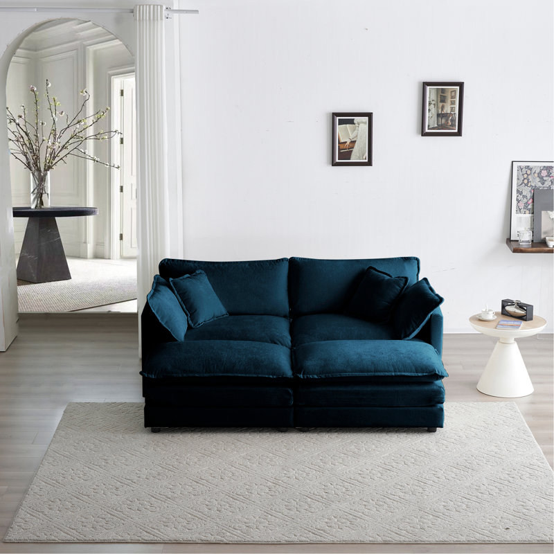 Canapé modulaire 4 en chenille bleu avec structure et 2 repose-pieds