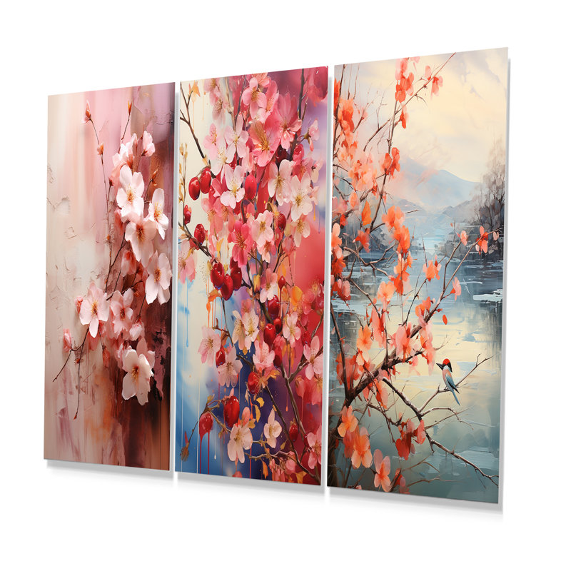 Fleurs de cerisier rose d'été II - ensemble de 3 reproductions d'art en métal, H 32 po x l 48 po