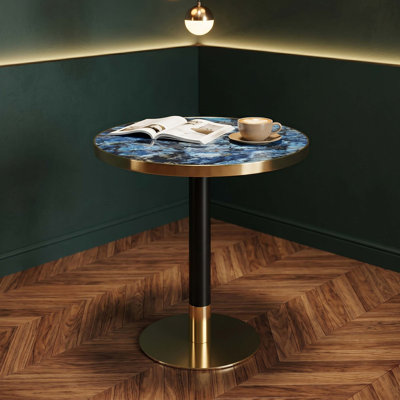 23.6-Inch Round Modern Light Luxury Coffee Table with Marble-Texture UV-Coated MDF Top, Stainless Steel Edge, and Sturdy Metal Legs.