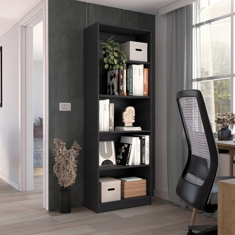 Bibliothèque à 4 tablettes avec rangement à plusieurs niveaux, Black