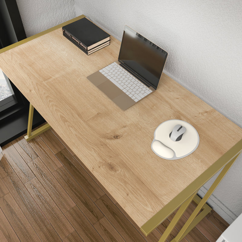 Lenes Metal Base Writing Desk, Oak/Gold