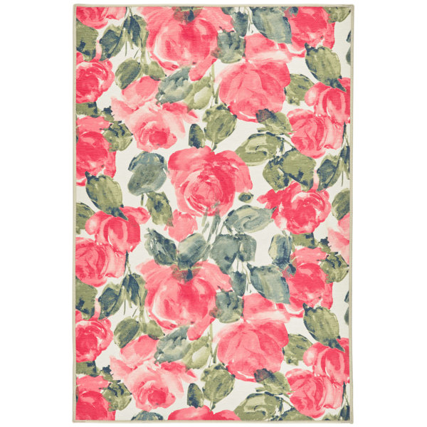 Dash and Albert Rugs Pretty Peonies Machine Washable Rug in Pink/Green ...