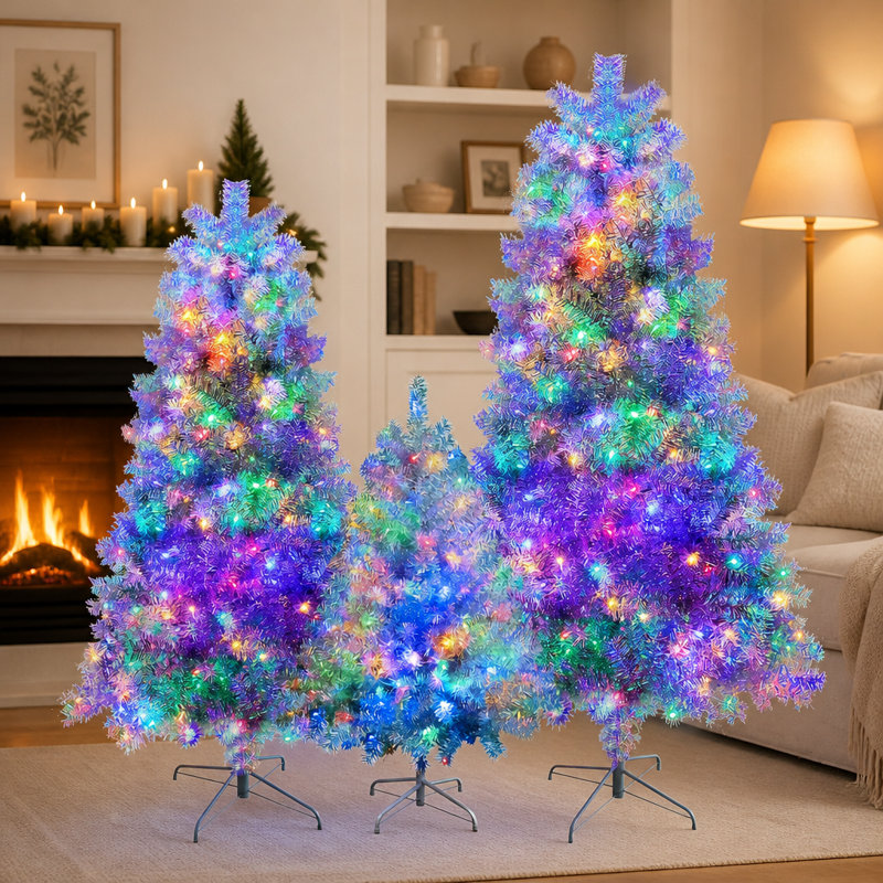 7.4FT, 6FT, 4FT Silver Pre-lit Artificial Hinged Christmas Tree Set, Holiday Spruce Xmas Tree with 2400 Branch Tips, 850 LED Lights, 11 Lighting Modes, Holiday Decoration for Home, Office, School