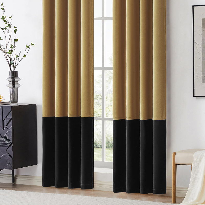 Rondon Color Block Window Curtains Panels 96 Inches Long Gold Black Velvet Farmhouse Drapes For Bedroom Living Room Darkening Treatment With Grommet Set Of 2