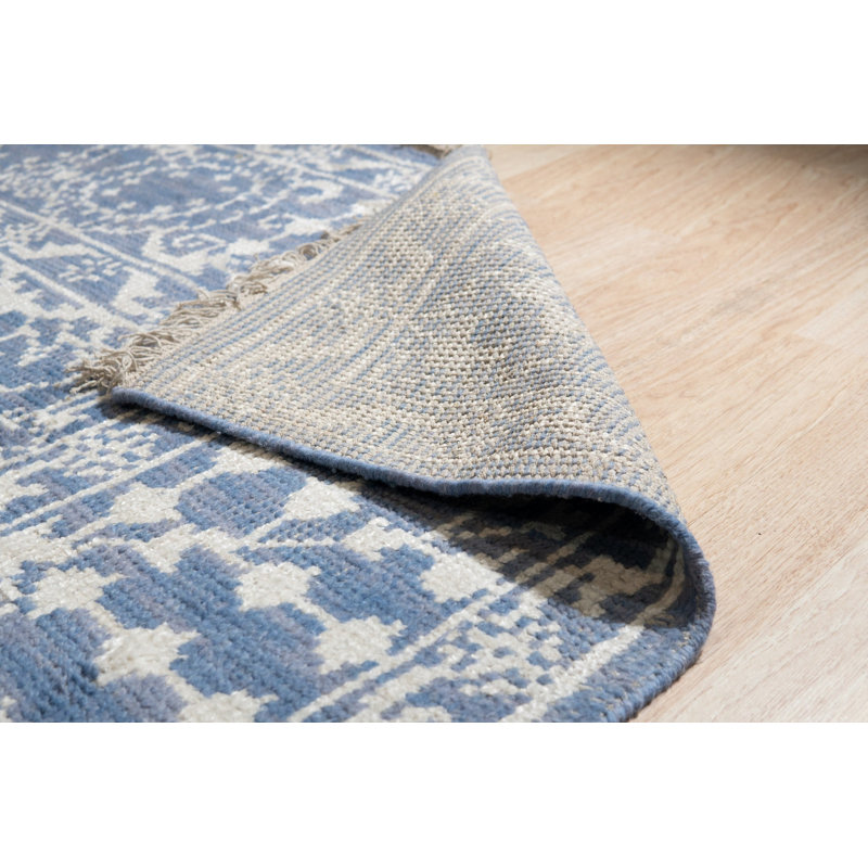 Blue Hand-Knotted Wool Bamboo Silk Framed Floral Garden Geometric Modern Contemporary Carpet Rug, 6' x 9'