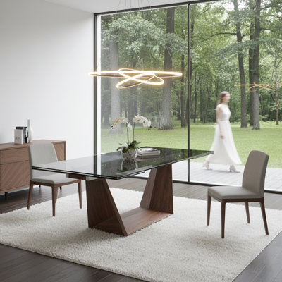 Contemporary Extendable Smoked Tempered Glass Dining Table With Angled Wood Base