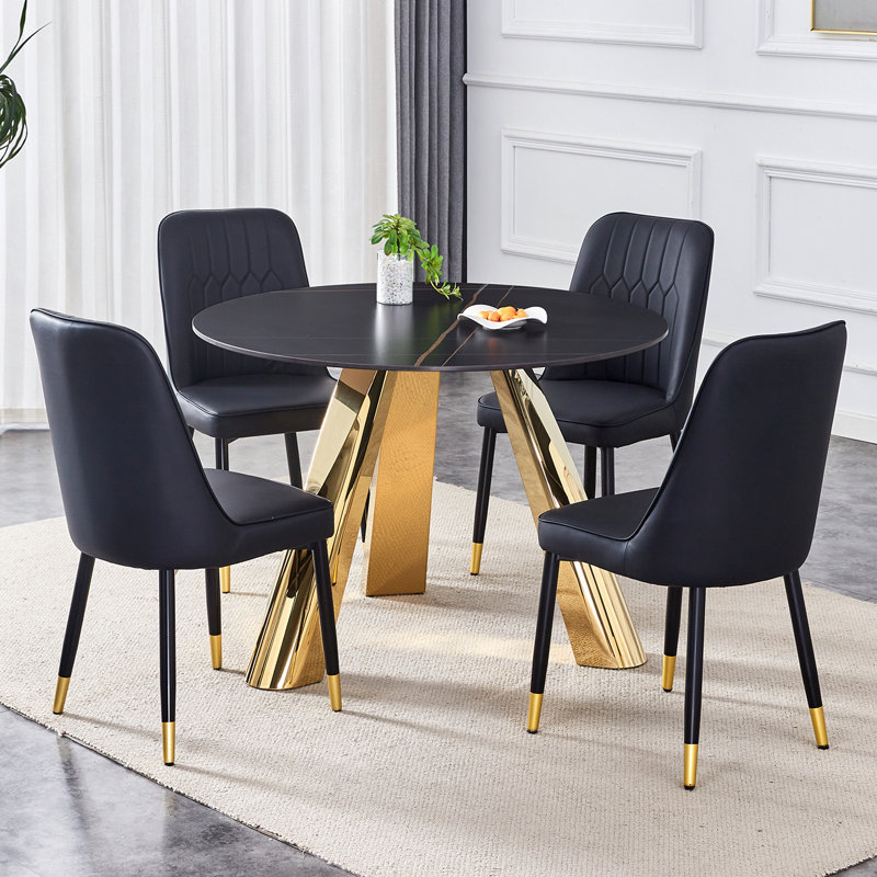 Marble Dining Table Set, Black, 5