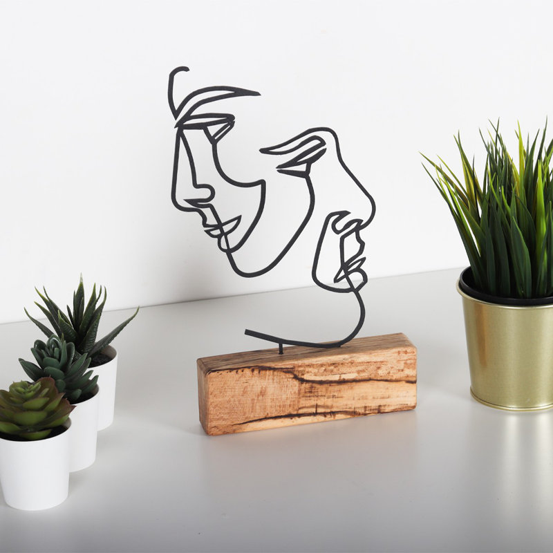 Objet décoratif en métal avec base en bois, finition noire, 6,7 x 15,0 x 1,4 pouces | 100% métal (épaisseur de 2 mm) | Conception unique, parfaite pour la décoration intérieure, les décorations de bureau et l'esthétique moderne