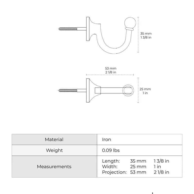 Black Iron Traditional Wall Hook with Rounded Knob