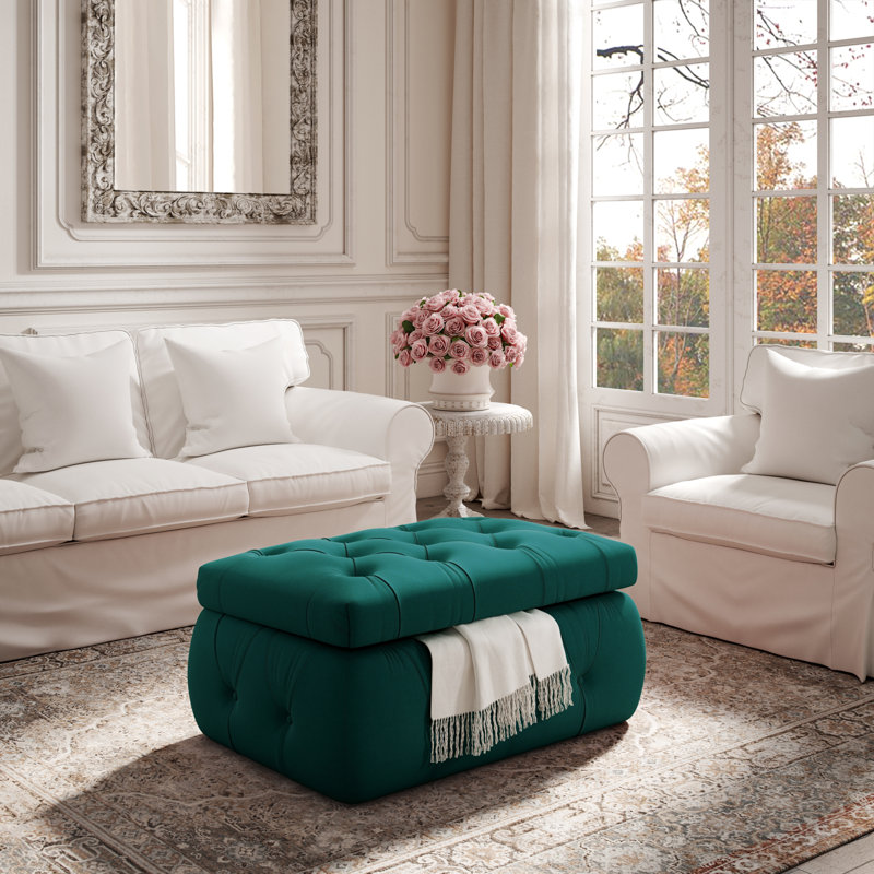 Button Tufted Upholstered Storage Ottoman, Emerald Green Velvet