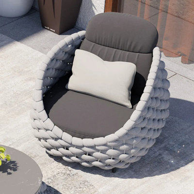 Woven Rope Outdoor Garden Chair Waterproof Yard & Patio Armchair in Gray with Cushion