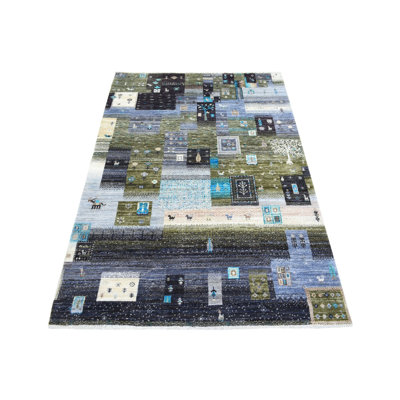Tapis gris anthracite Kashkuli Gabbeh 4 pi x 5 pi 10 po, gris noué à la main, assez court, avec motif illustré, 0C11F1225497477DBED5B43F18481F4E