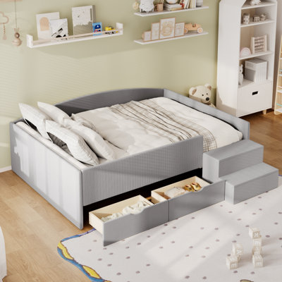 Structure de lit de jour rembourrée avec 2 tiroirs de rangement, velours côtelé doux et mélange de velours pour enfants