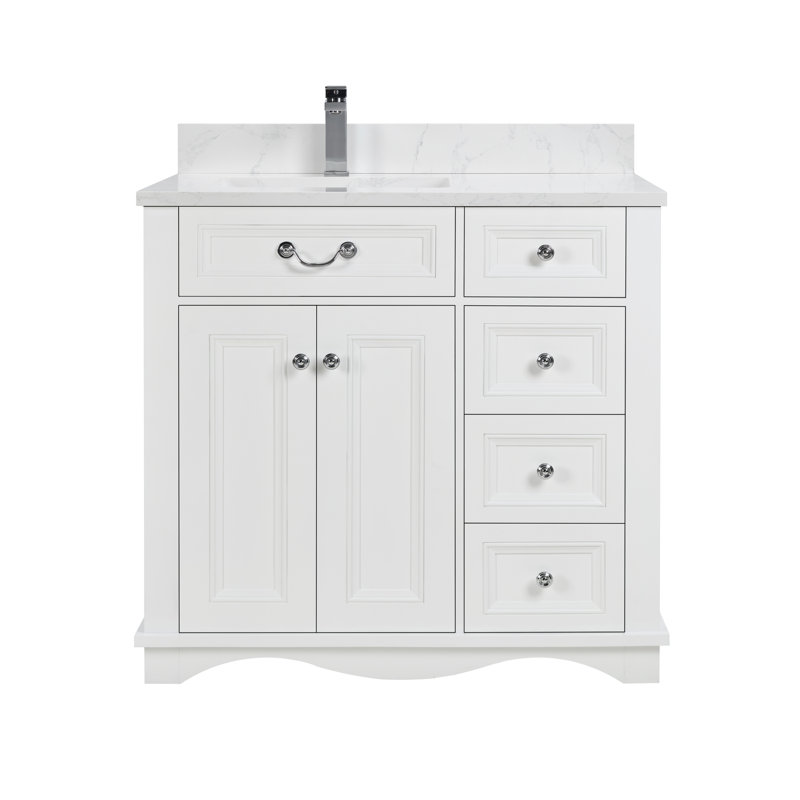 36" Solid Wood Single Bathroom Vanity with 1" Engineered Marble Top, White