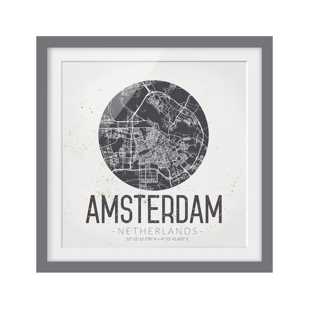 Gerahmtes Papierbild Stadtplan Amsterdam - Retro