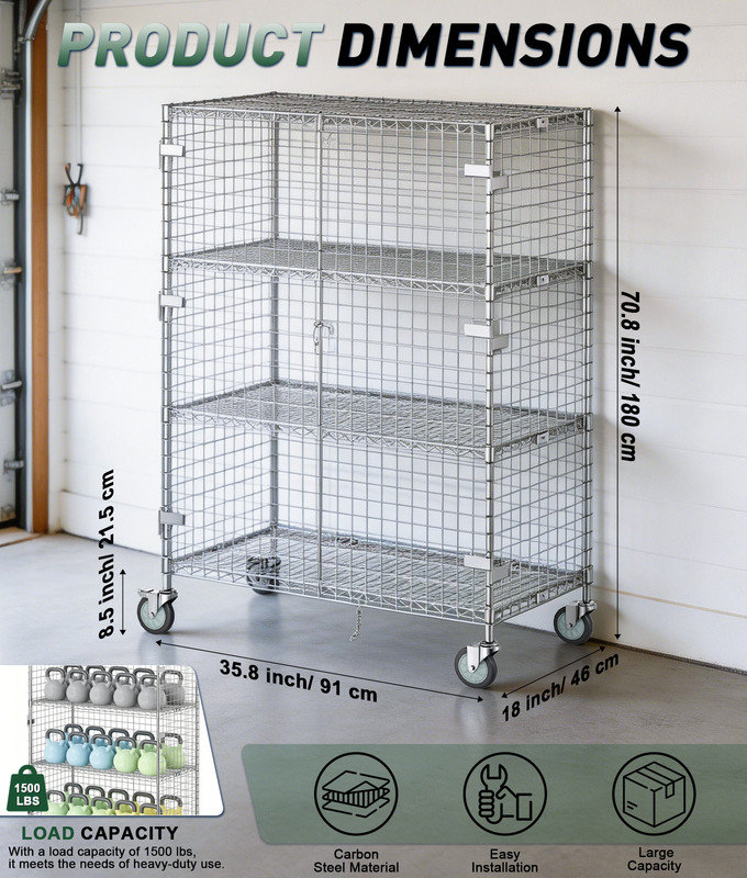 Chariot de sécurité à cage 70 po H 70,8 po avec porte verrouillable en métal chromé commercial, 18 po x 36 po