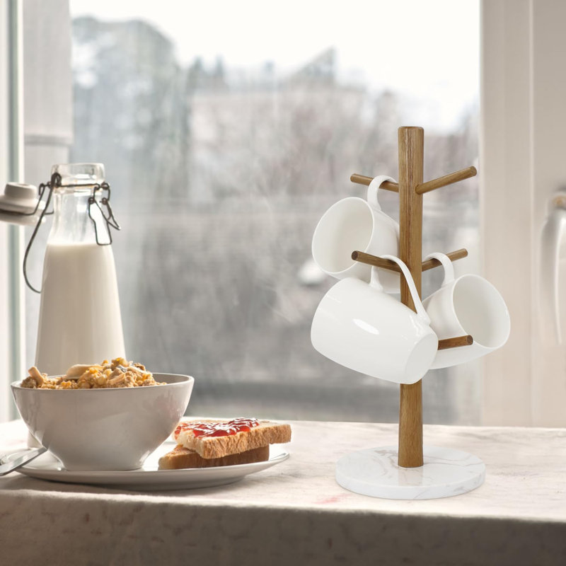 Porte-gobelet en bois, porte-gobelet en marbre, porte-gobelet de comptoir et support à tasses à thé, séchoir à tasses à café avec 6 crochets (base ronde blanche)