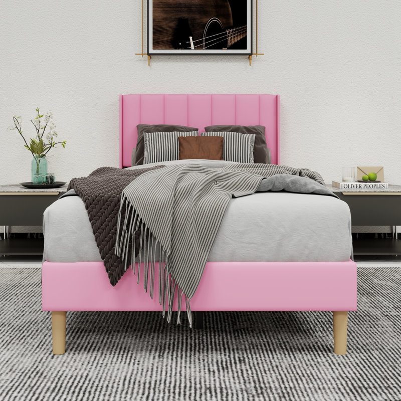 Lit plateforme tapissier avec tête de lit, Simple, Rose