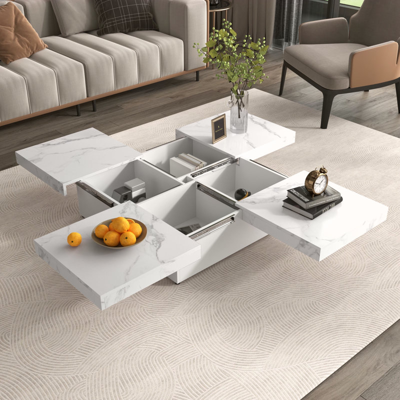 Table basse carrée en placage de marbre avec plateau coulissant et rangement