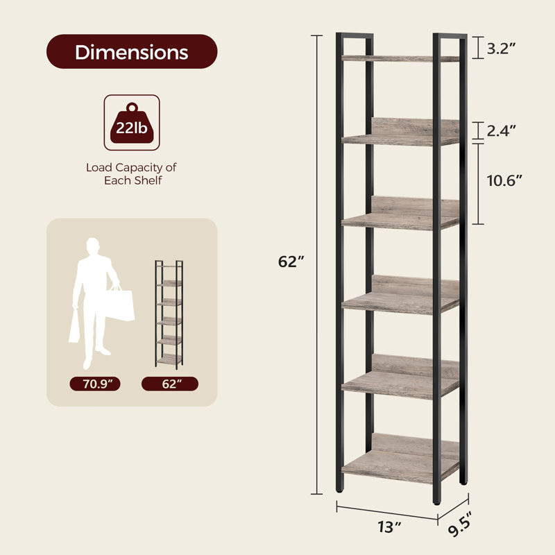 Bibliothèque sur pieds à 6 niveaux, (6 Shelves) 62"H x 13"W x 9.5"D, Greige / noir