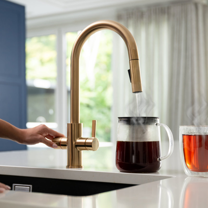 4-in-1 Instant Boiling and Filtered Water Tap with Pull-Out Spray - C-Shape - 2.4 Litre Boiler, Brushed Brass