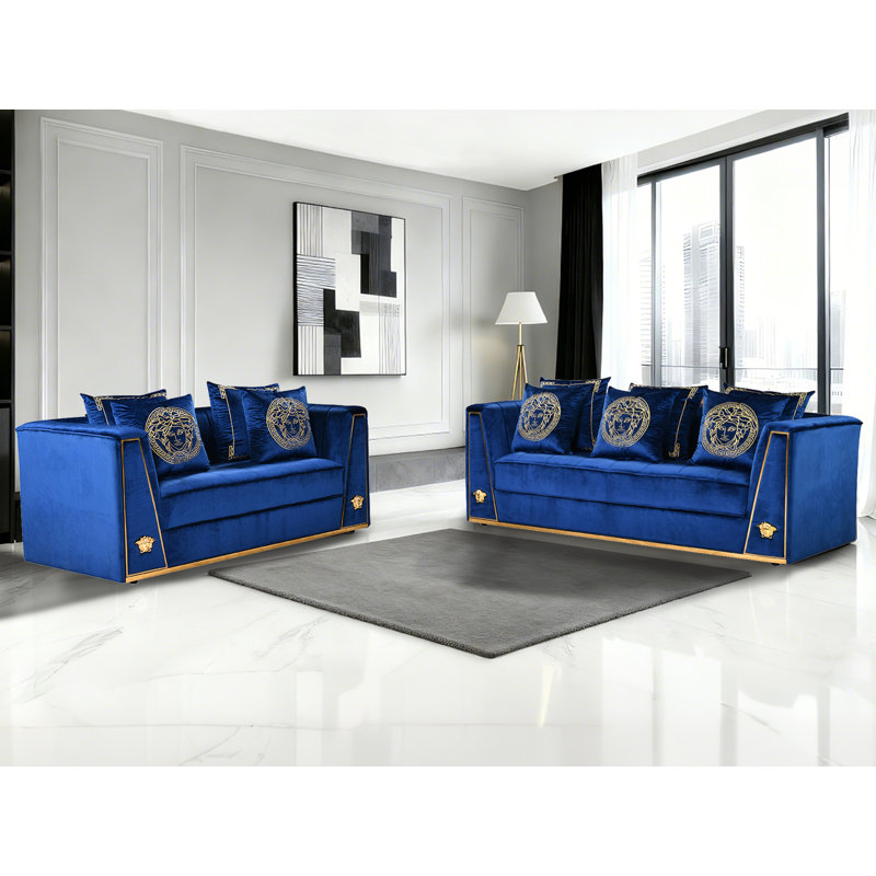 Ensemble de canapé en velours 2 pièces avec pieds et coussins en métal doré pour le salon (ensemble de 2), Bleu