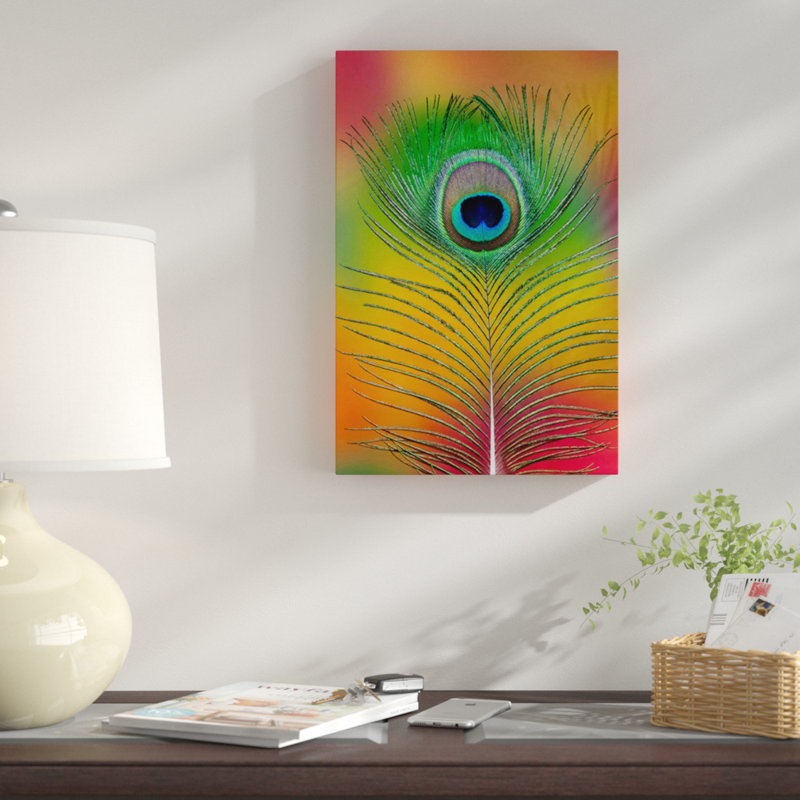 « single masculin peacock tail plumes », impression sur toile, H 12 po x l 8 po x P 0,75 po, Toile tendue, Pas de tapis