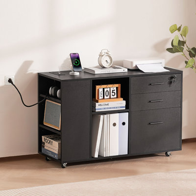 3 Drawer Wooden File Cabinet Mobile Filing Cabinet with Power Strip by Inbox Zero