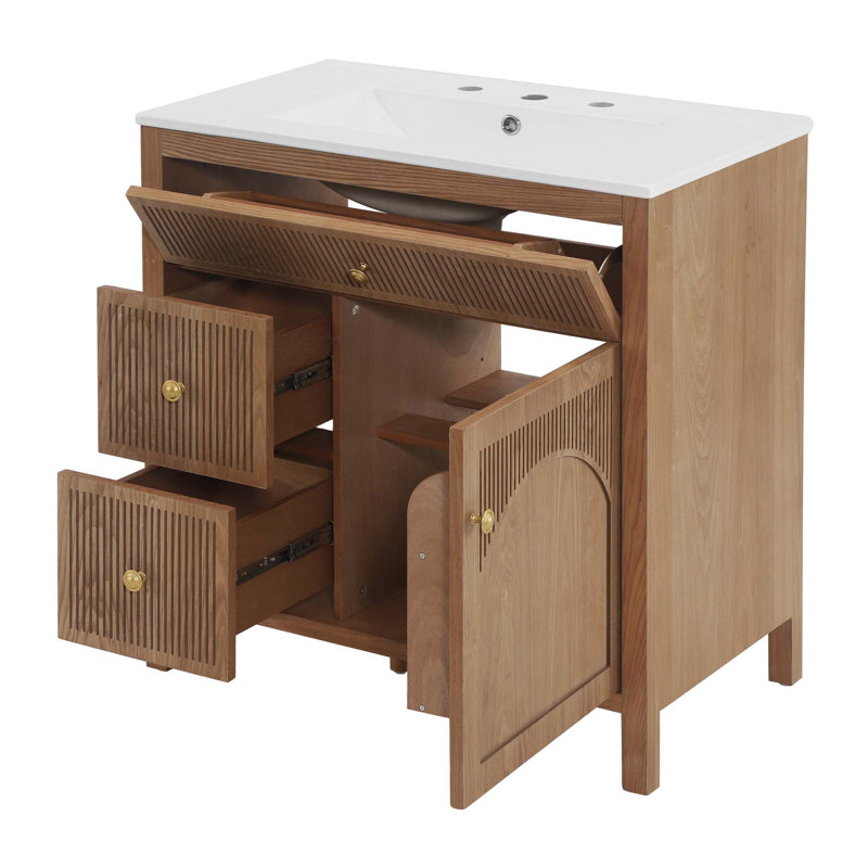 Meuble-lavabo de style campagnard avec lavabo en céramique intégré et rangements à fermeture amortie