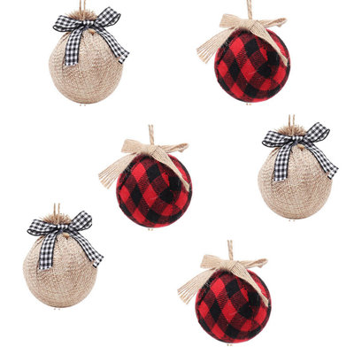 6PCS Christmas Plaid Ball Ornaments - 3.14Inch Buffalo Plaid Fabric Ball Ornaments with Pine Cones and Greenery, Plaid Christmas Tree Hanging Ball Ornaments Festive Decoration